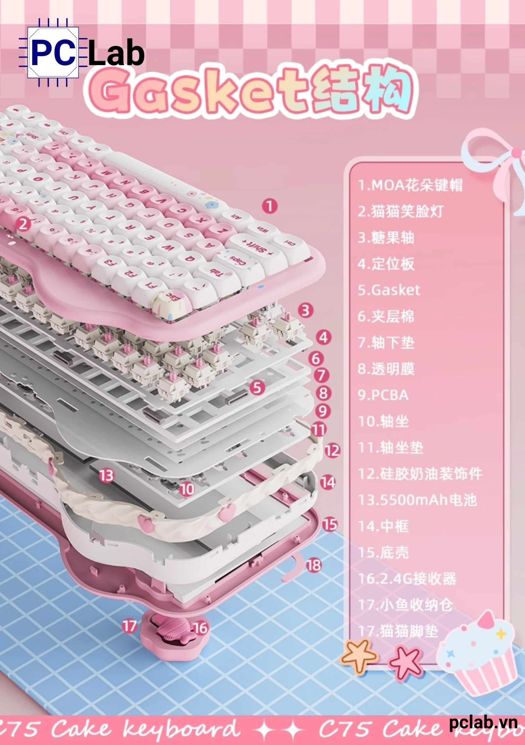 Bàn phím cơ Yunzii C75 Cake Meow không dây