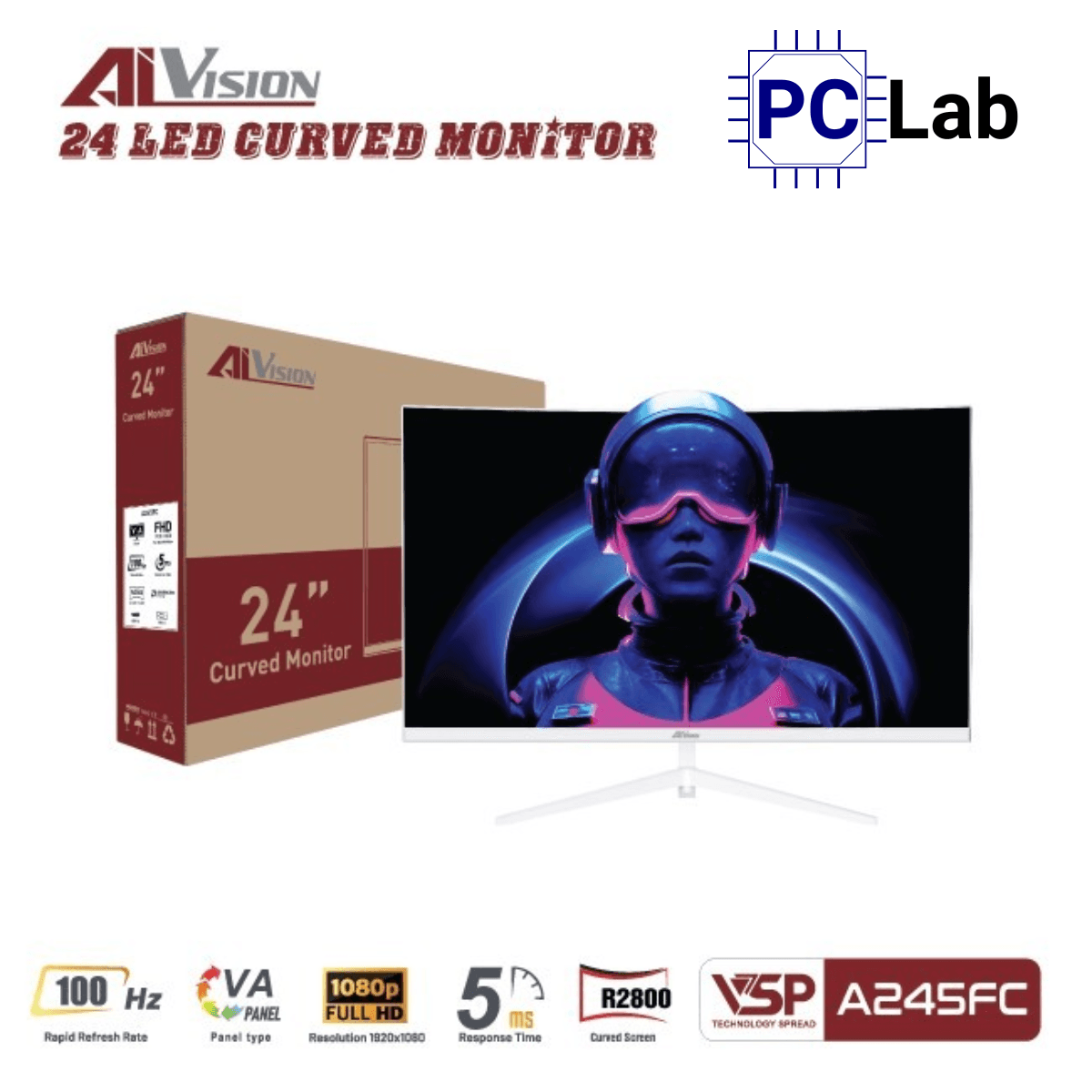 Màn hình cong VSP AIVISION A245FC 24inch Full HD 100Hz (24'', Full HD, 100Hz, 5ms, VA) - Trắng/Đen
