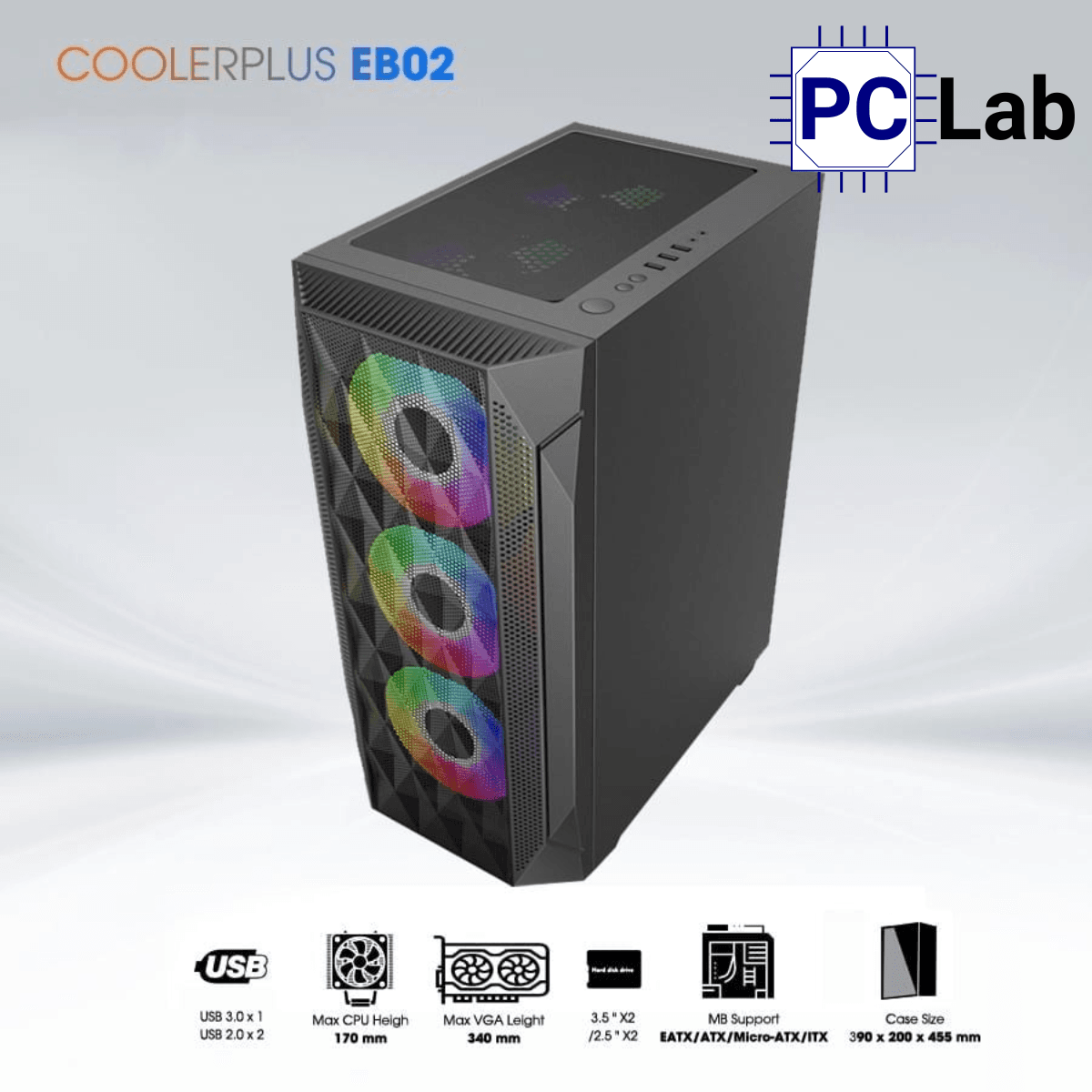 Vỏ case PC máy tính CoolerPlus CPC-EB02 (E-ATX, Full Tower, Đen, Sẵn 3 Fan LED)