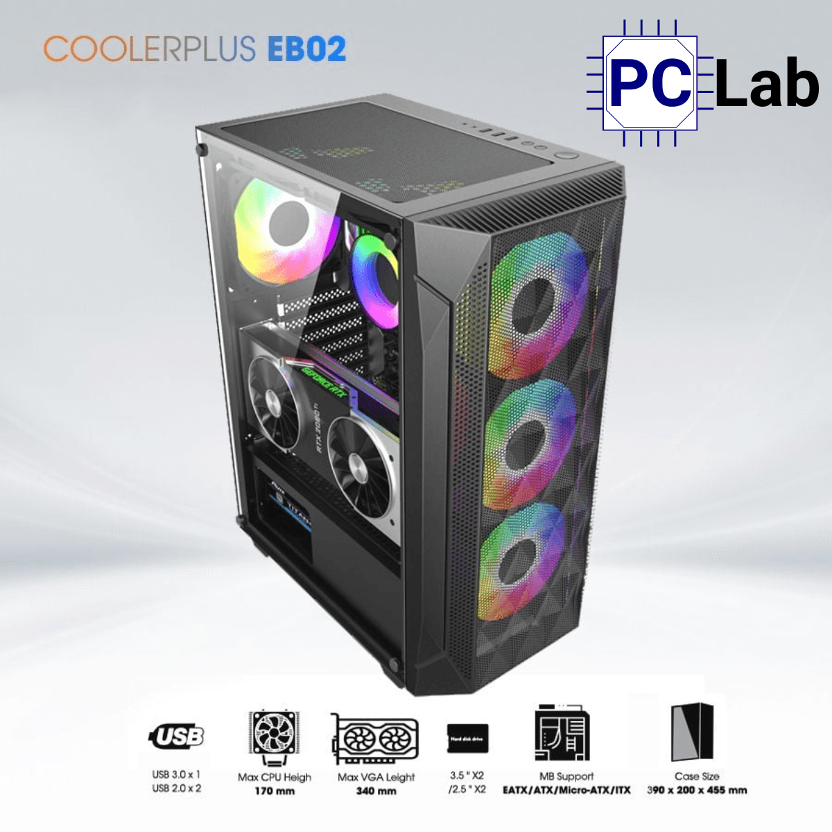 Vỏ case PC máy tính CoolerPlus CPC-EB02 (E-ATX, Full Tower, Đen, Sẵn 3 Fan LED)