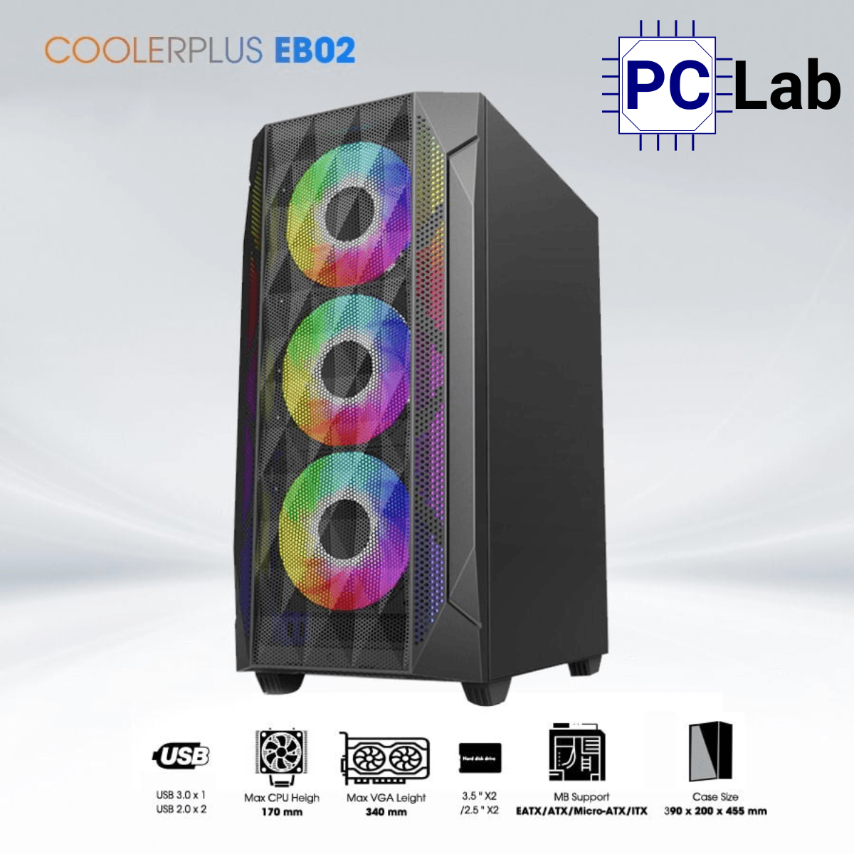 Vỏ case PC máy tính CoolerPlus CPC-EB02 (E-ATX, Full Tower, Đen, Sẵn 3 Fan LED)
