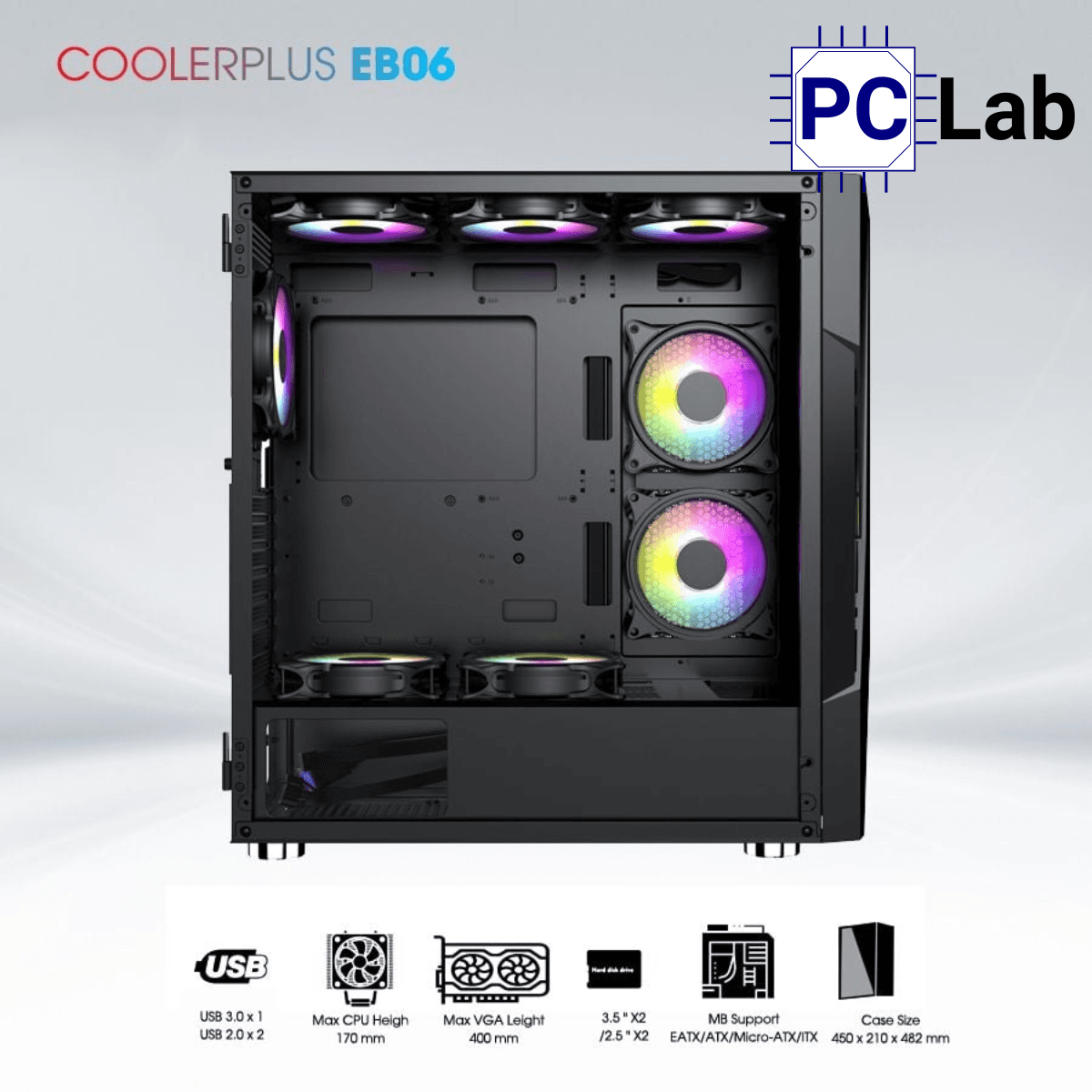 Vỏ case PC máy tính CoolerPlus CPC-EB06 (E-ATX, Full Tower, đen, kèm 3 fan LED)