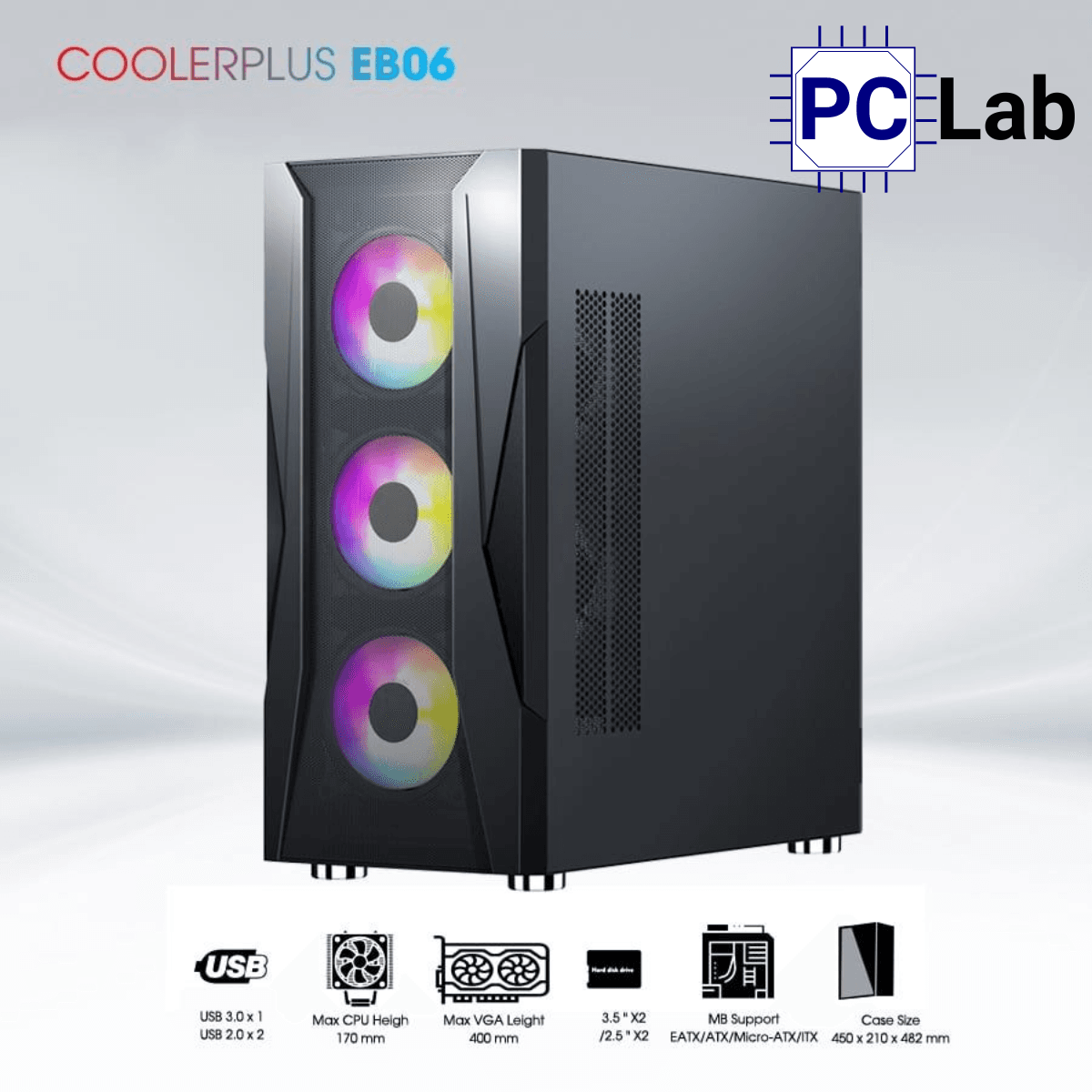 Vỏ case PC máy tính CoolerPlus CPC-EB06 (E-ATX, Full Tower, đen, kèm 3 fan LED)