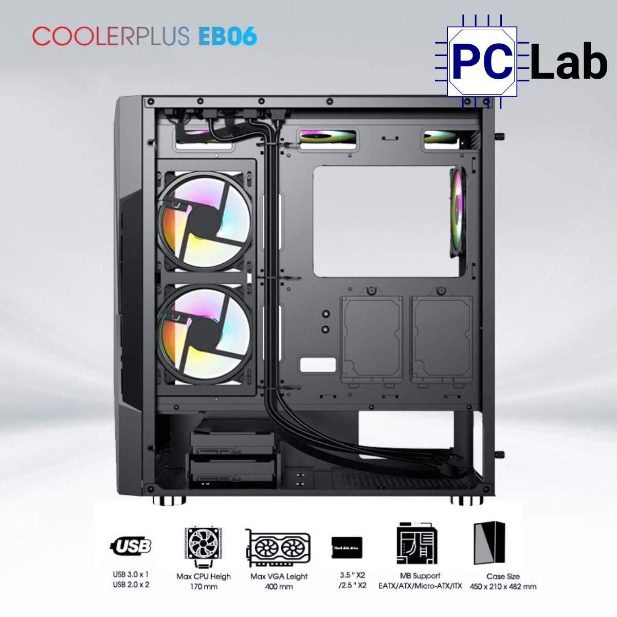 Vỏ case PC máy tính CoolerPlus CPC-EB06 (E-ATX, Full Tower, đen, kèm 3 fan LED)