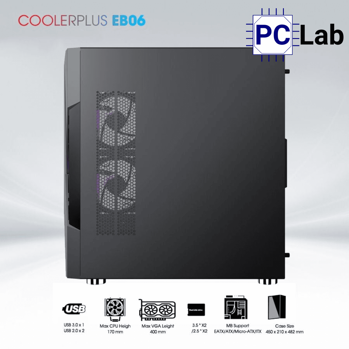 Vỏ case PC máy tính CoolerPlus CPC-EB06 (E-ATX, Full Tower, đen, kèm 3 fan LED)