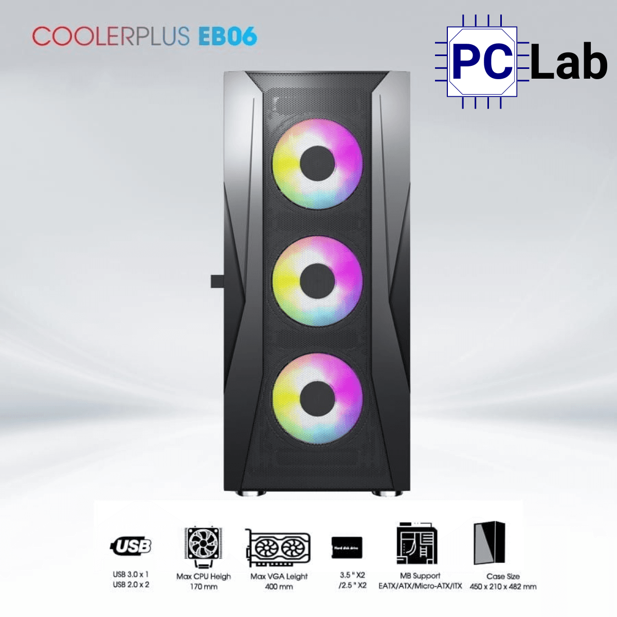 Vỏ case PC máy tính CoolerPlus CPC-EB06 (E-ATX, Full Tower, đen, kèm 3 fan LED)