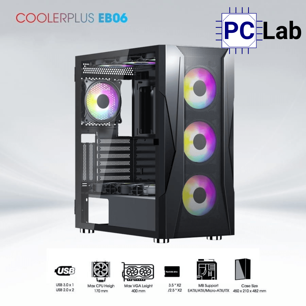 Vỏ case PC máy tính CoolerPlus CPC-EB06 (E-ATX, Full Tower, đen, kèm 3 fan LED)