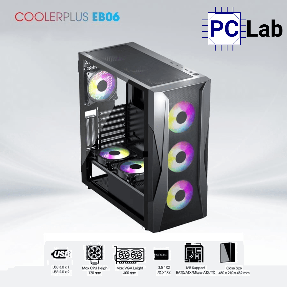 Vỏ case PC máy tính CoolerPlus CPC-EB06 (E-ATX, Full Tower, đen, kèm 3 fan LED)