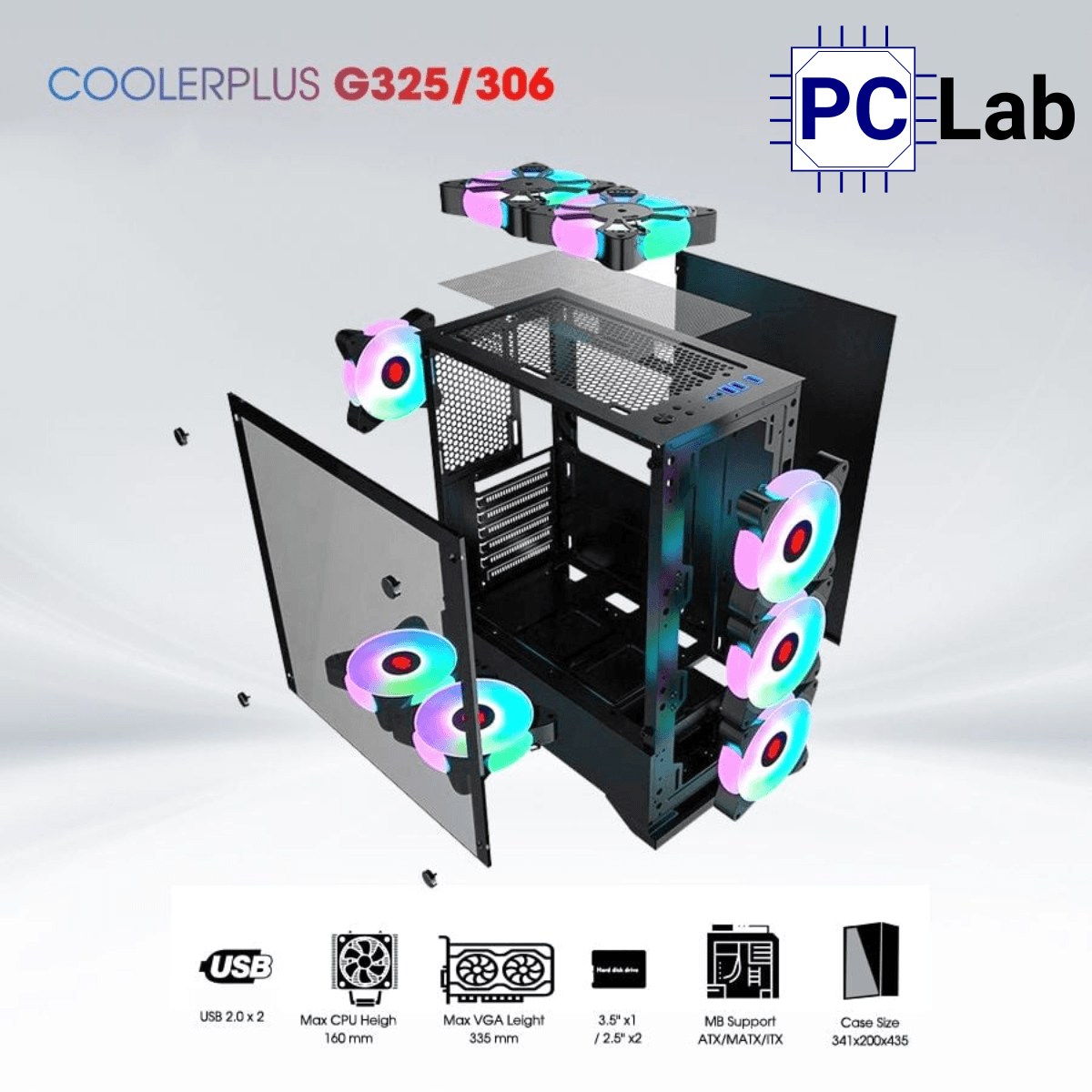 Vỏ case PC máy tính CoolerPlus CPC-G325/306 (ATX, Mid Tower, đen, kèm 3 fan LED)