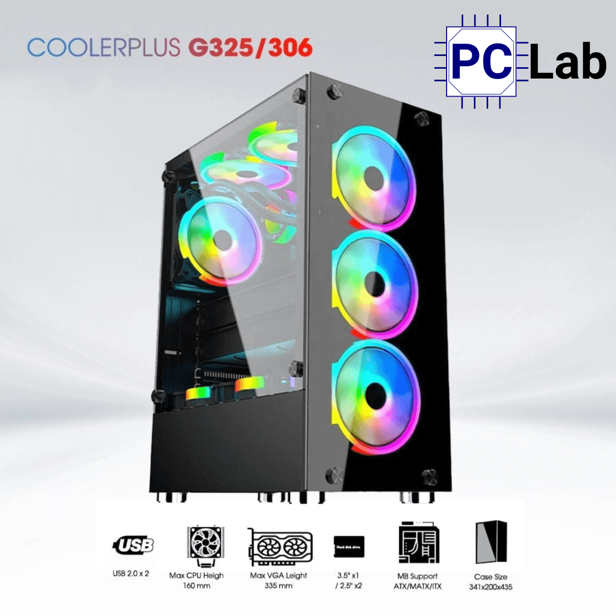 Vỏ case PC máy tính CoolerPlus CPC-G325/306 (ATX, Mid Tower, đen, kèm 3 fan LED)