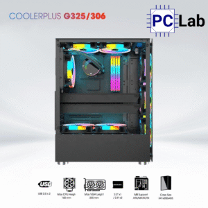 Vỏ case PC máy tính CoolerPlus CPC-G325/306 (ATX, Mid Tower, đen, kèm 3 fan LED)