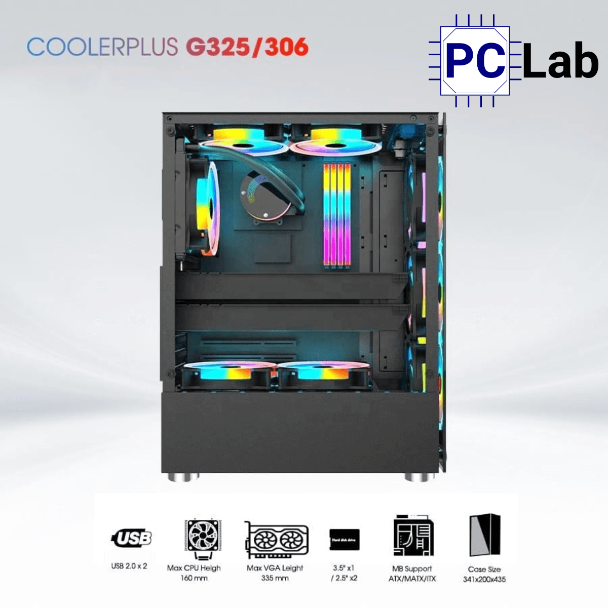 Vỏ case PC máy tính CoolerPlus CPC-G325/306 (ATX, Mid Tower, đen, kèm 3 fan LED)