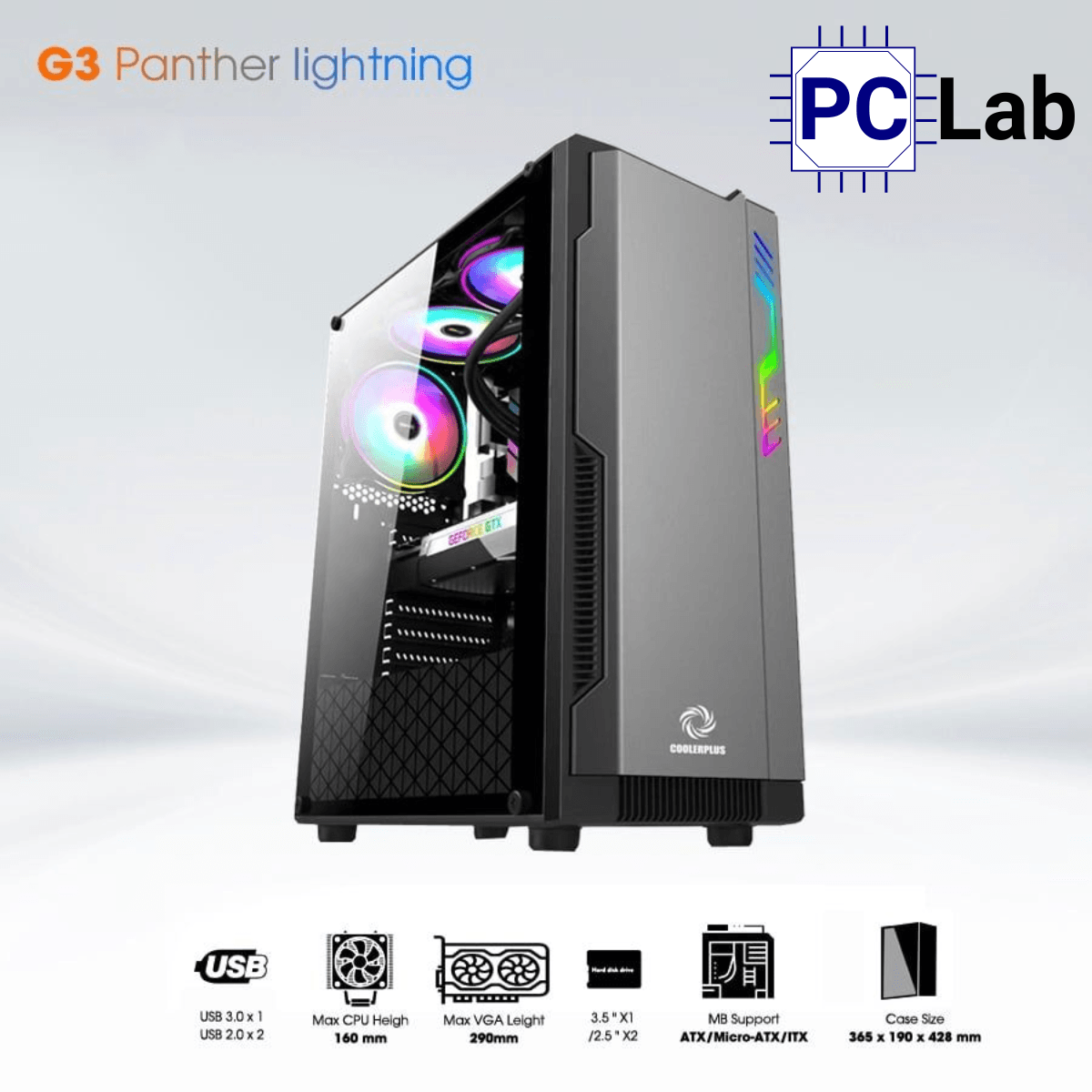 Vỏ case PC máy tính CoolerPlus G3 Panther Lightning (ATX, Mid Tower, Đen nhám)