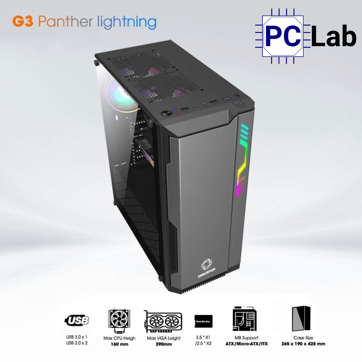 Vỏ case PC máy tính CoolerPlus G3 Panther Lightning (ATX, Mid Tower, Đen nhám)