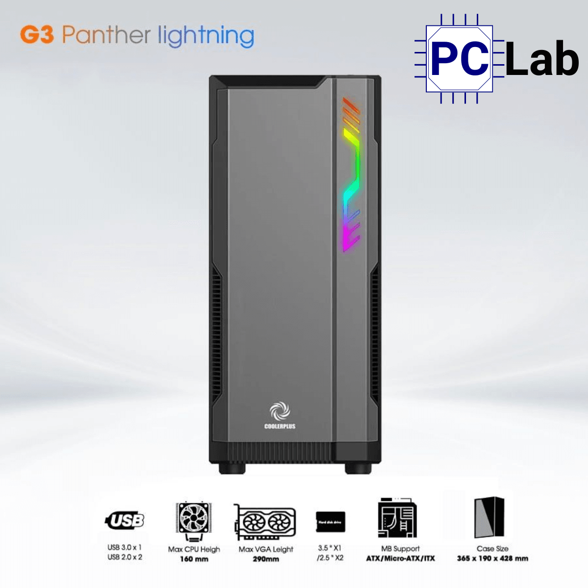 Vỏ case PC máy tính CoolerPlus G3 Panther Lightning (ATX, Mid Tower, Đen nhám)