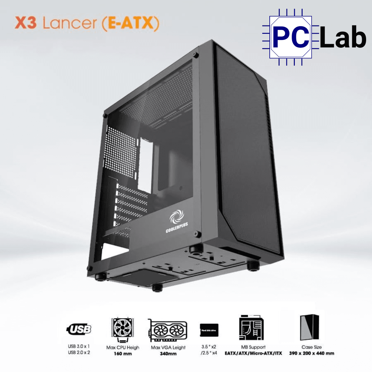 Vỏ case PC máy tính CoolerPlus X3 Lancer (E-ATX, Full Tower, Đen)