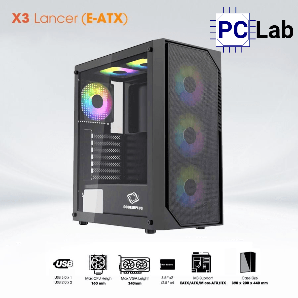 Vỏ case PC máy tính CoolerPlus X3 Lancer (E-ATX, Full Tower, Đen)