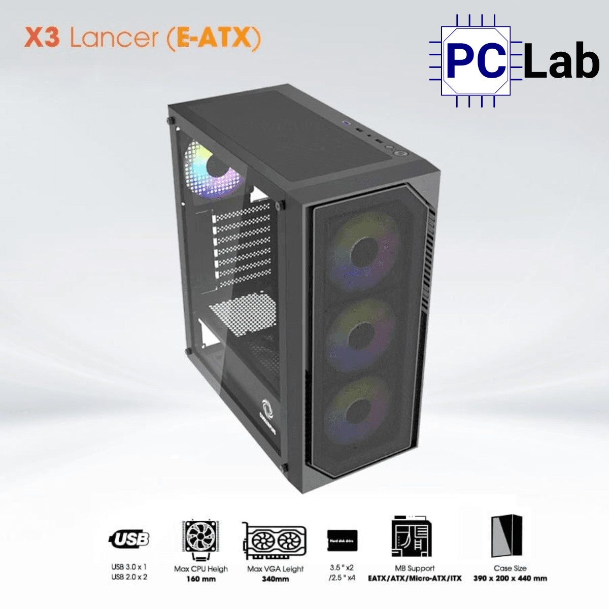 Vỏ case PC máy tính CoolerPlus X3 Lancer (E-ATX, Full Tower, Đen)