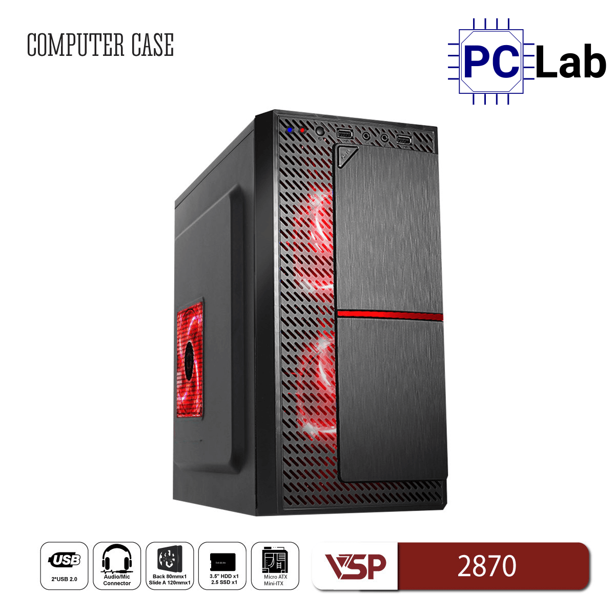 Vỏ case PC máy tính VSP 2870 (M-ATX, Mid Tower, Đen)