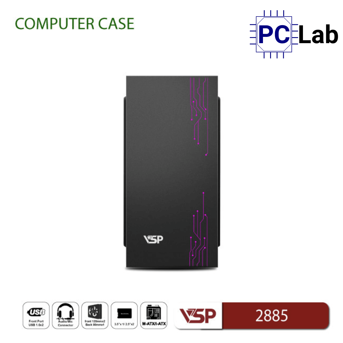 Vỏ case PC máy tính VSP 2885 (M-ATX, Mid Tower, Đen)