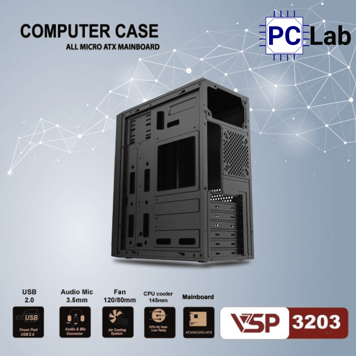 Vỏ case PC máy tính VSP 3203 (ATX, Mid Tower, Đen)