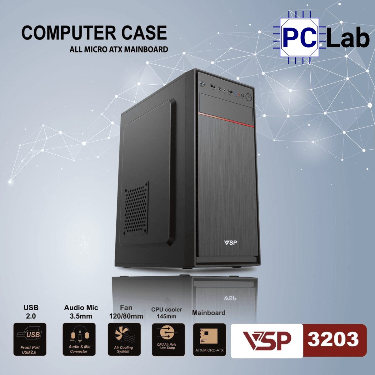 Vỏ case PC máy tính VSP 3203 (ATX, Mid Tower, Đen)