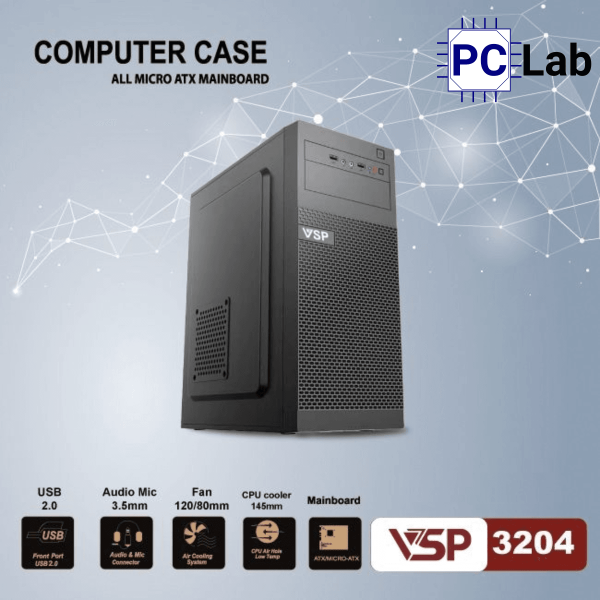 Vỏ case PC máy tính VSP 3204 (ATX, Mid Tower, Đen)