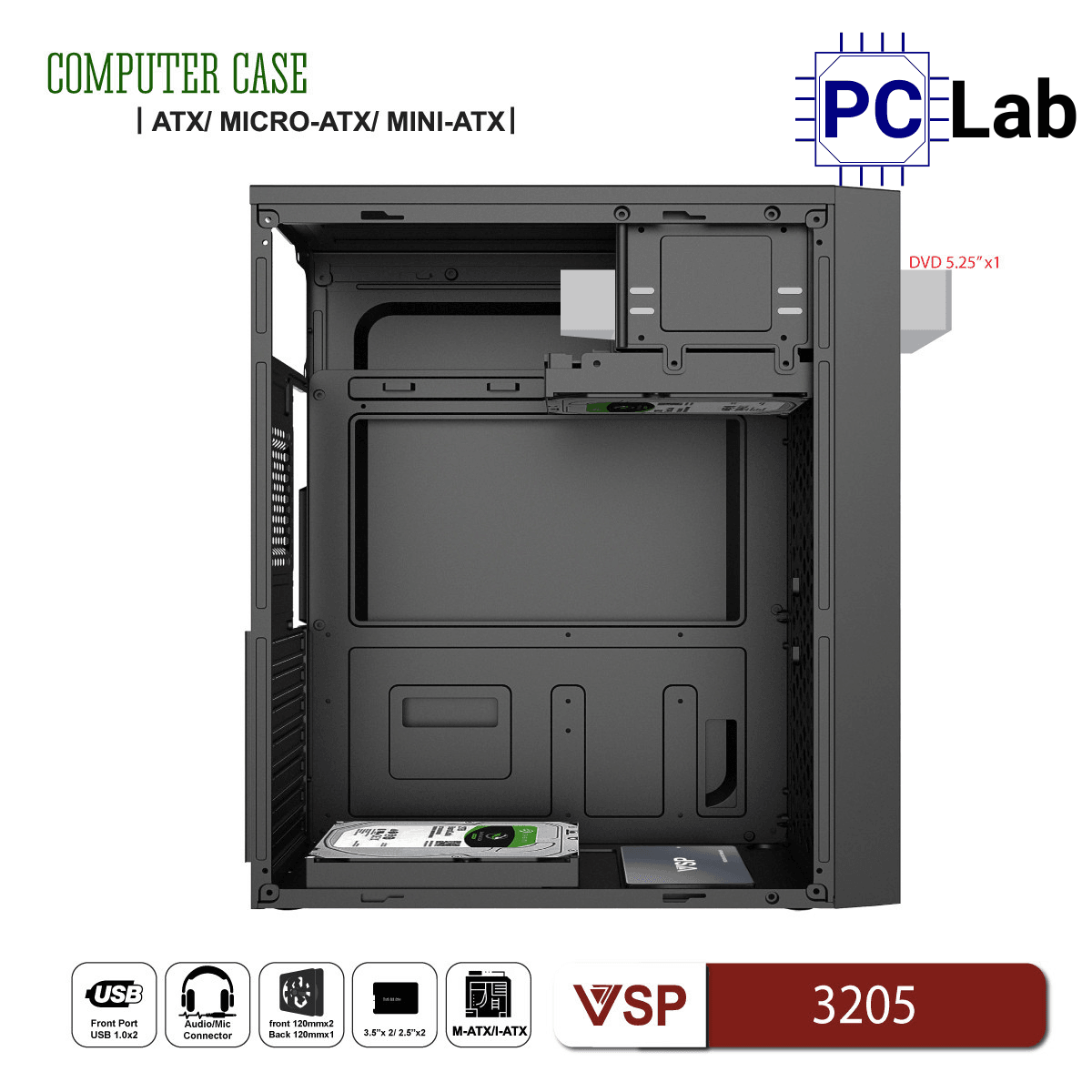Vỏ case PC máy tính VSP 3205 (ATX, Mid Tower, Đen)