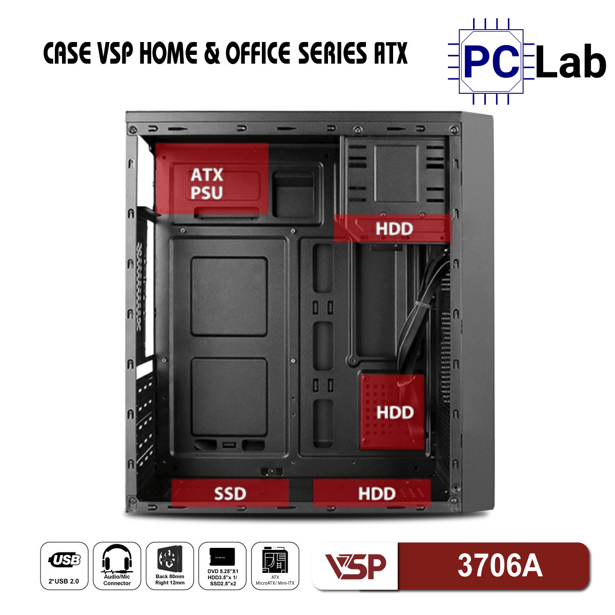 Vỏ case PC máy tính VSP 3706A (ATX, Mid Tower, Đen)