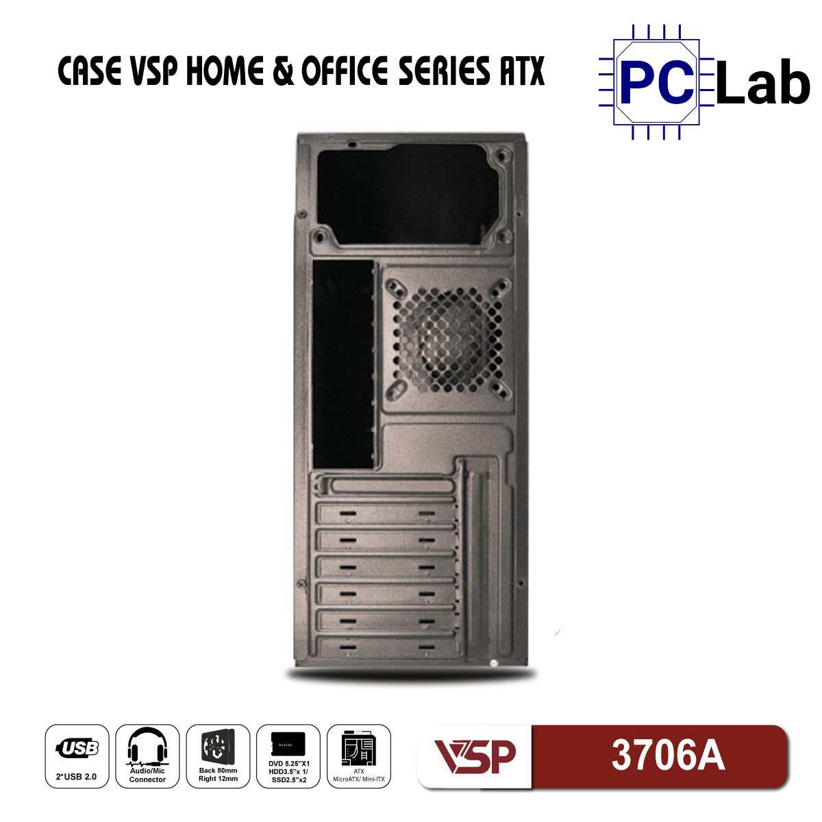 Vỏ case PC máy tính VSP 3706A (ATX, Mid Tower, Đen)