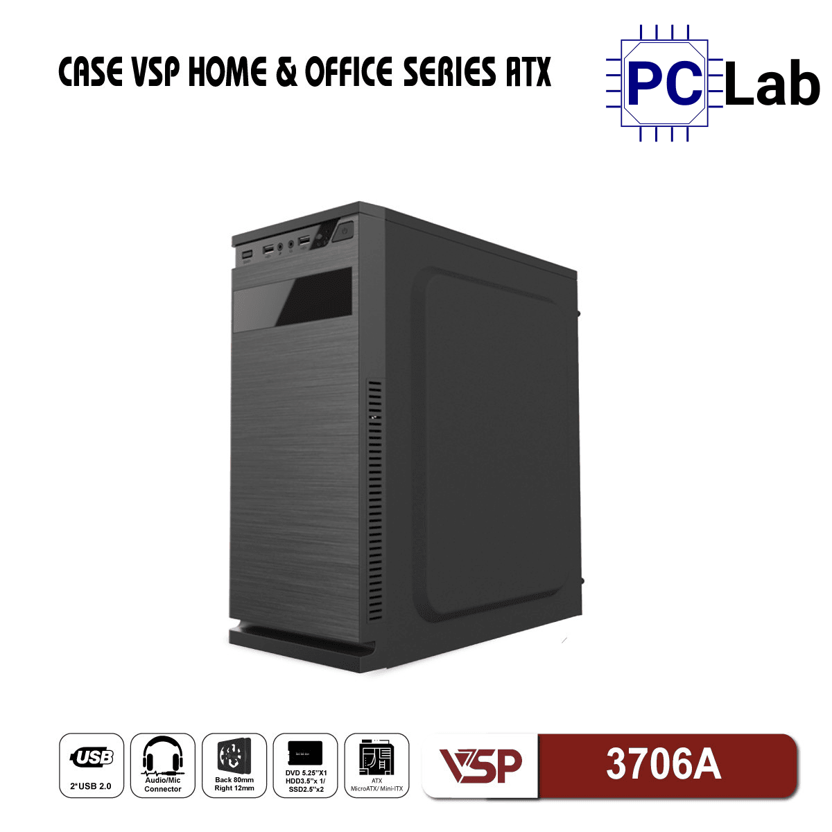 Vỏ case PC máy tính VSP 3706A (ATX, Mid Tower, Đen)