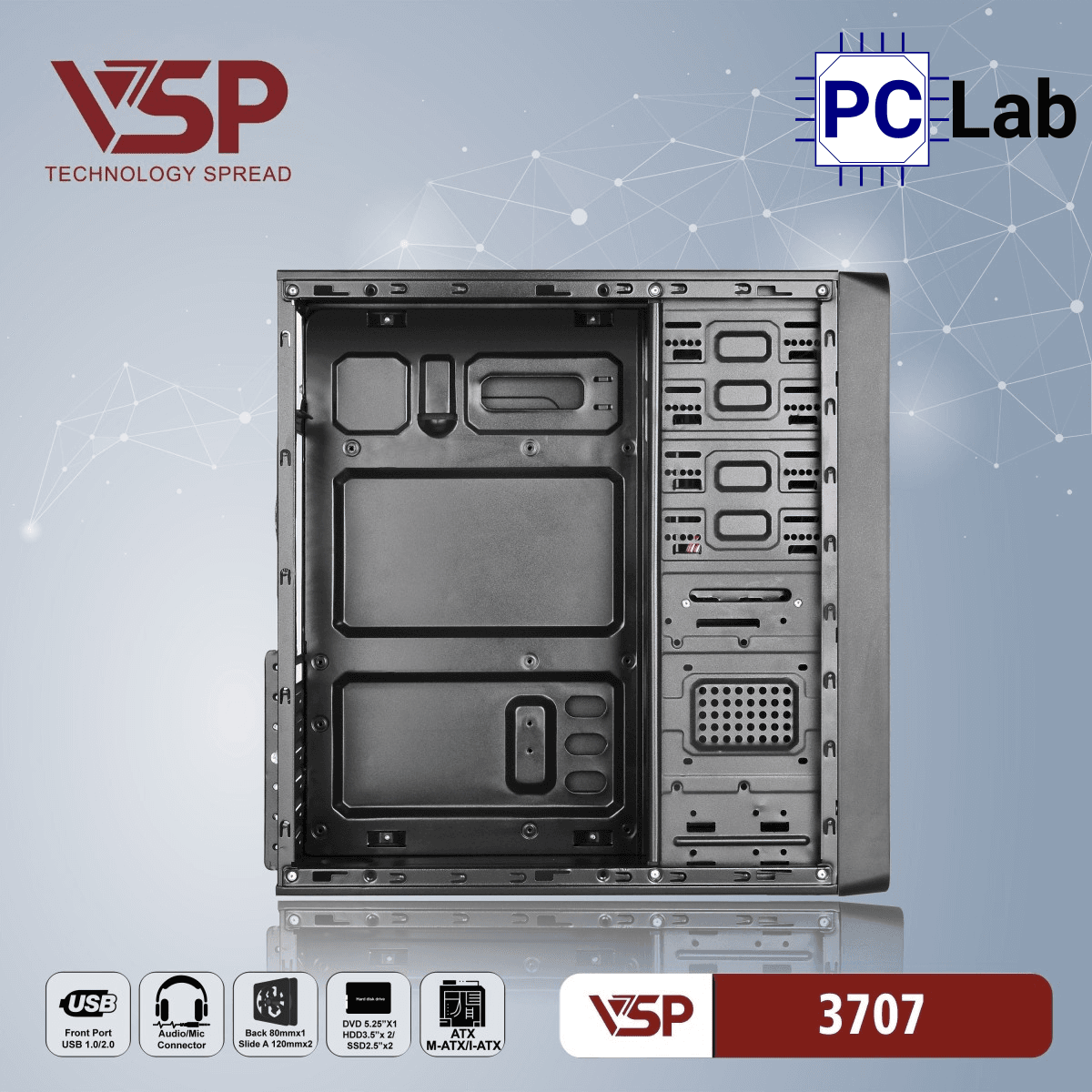 Vỏ case PC máy tính VSP 3707 (ATX, Mid Tower, Đen)