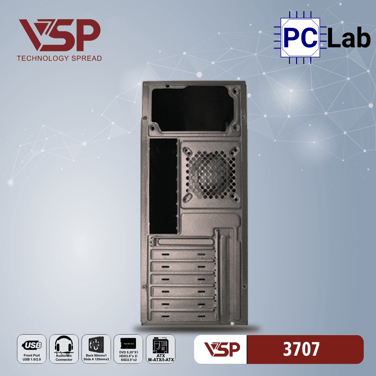 Vỏ case PC máy tính VSP 3707 (ATX, Mid Tower, Đen)