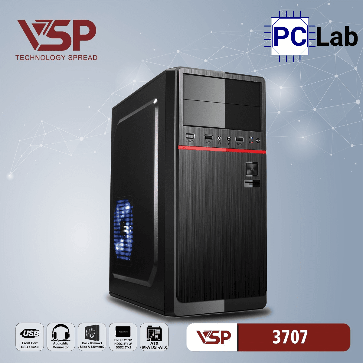Vỏ case PC máy tính VSP 3707 (ATX, Mid Tower, Đen)
