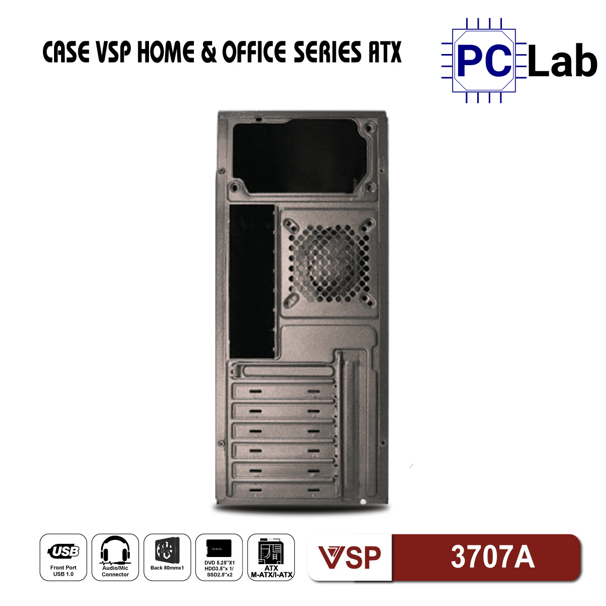 Vỏ case PC máy tính VSP 3707A (ATX, Mid Tower, Đen)