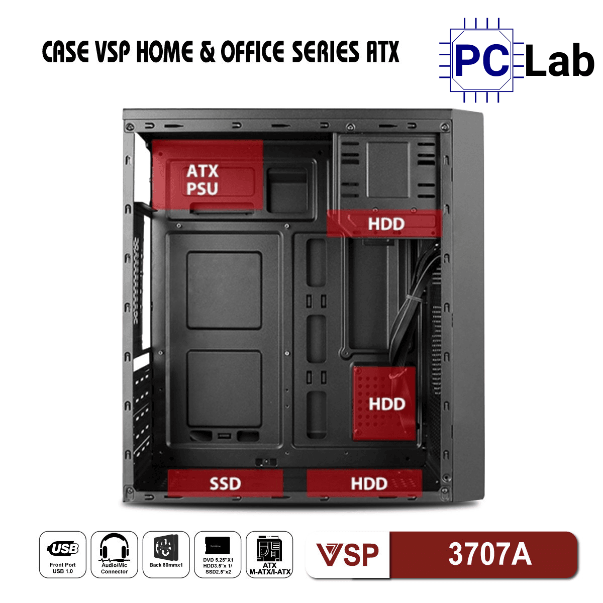 Vỏ case PC máy tính VSP 3707A (ATX, Mid Tower, Đen)
