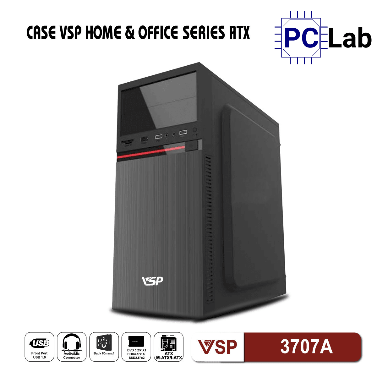 Vỏ case PC máy tính VSP 3707A (ATX, Mid Tower, Đen)