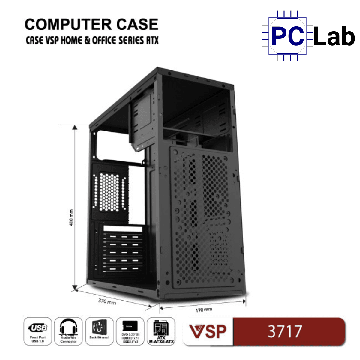 Vỏ case PC máy tính VSP 3717 (ATX, Mid Tower, Đen)