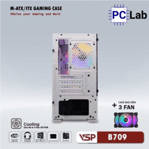 Vỏ case PC máy tính VSP B709 (ATX, Mid Tower, Trắng/Đen, 3 Fan LED)