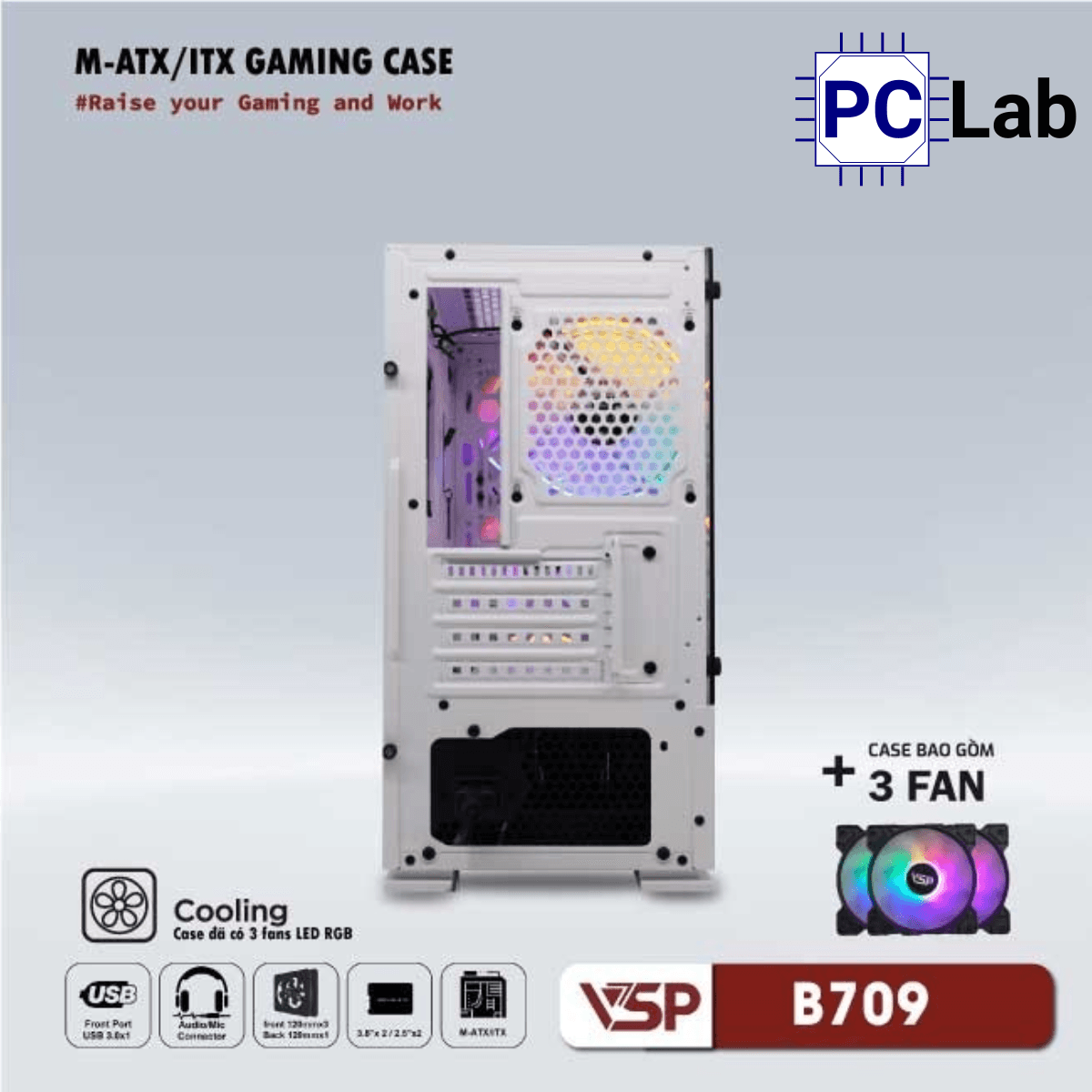 Vỏ case PC máy tính VSP B709 (ATX, Mid Tower, Trắng/Đen, 3 Fan LED)