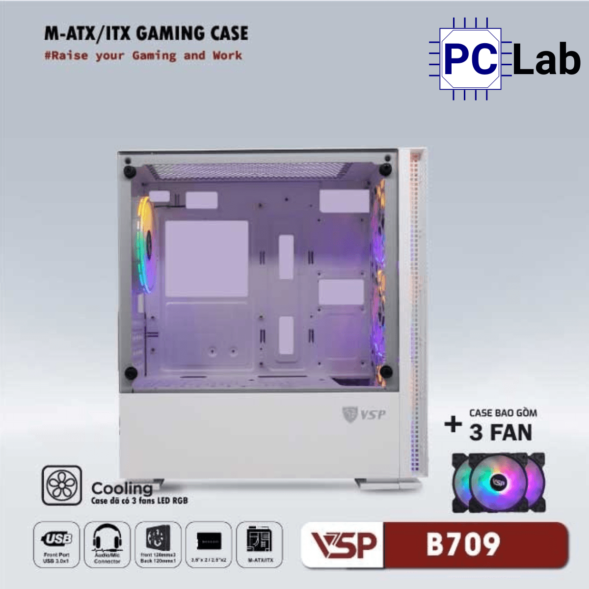 Vỏ case PC máy tính VSP B709 (ATX, Mid Tower, Trắng/Đen, 3 Fan LED)