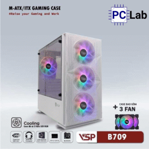 Vỏ case PC máy tính VSP B709 (ATX, Mid Tower, Trắng/Đen, 3 Fan LED)