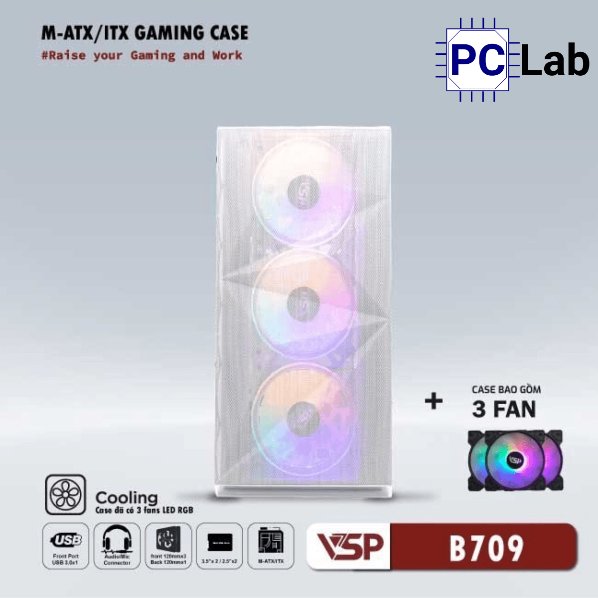 Vỏ case PC máy tính VSP B709 (ATX, Mid Tower, Trắng/Đen, 3 Fan LED)