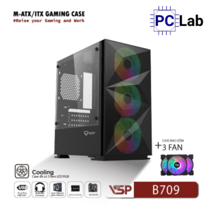 Vỏ case PC máy tính VSP B709 (ATX, Mid Tower, Trắng/Đen, 3 Fan LED)