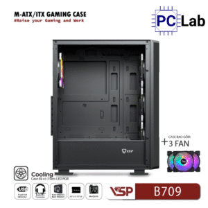 Vỏ case PC máy tính VSP B709 (ATX, Mid Tower, Trắng/Đen, 3 Fan LED)