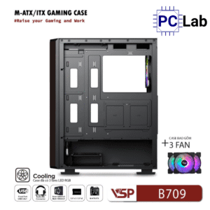 Vỏ case PC máy tính VSP B709 (ATX, Mid Tower, Trắng/Đen, 3 Fan LED)