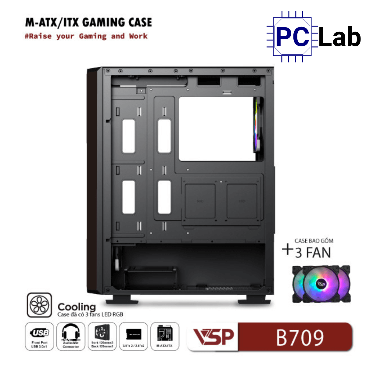 Vỏ case PC máy tính VSP B709 (ATX, Mid Tower, Trắng/Đen, 3 Fan LED)