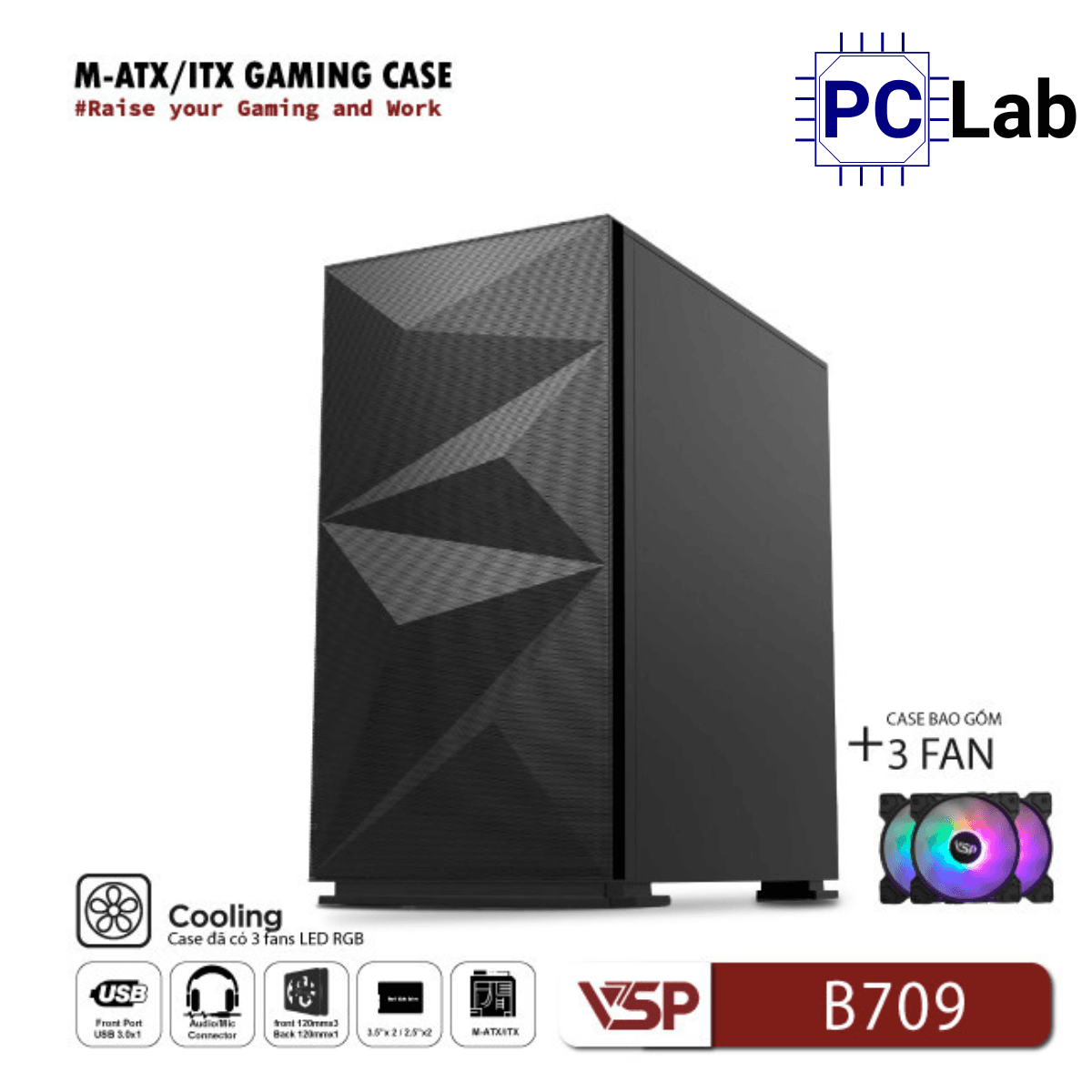 Vỏ case PC máy tính VSP B709 (ATX, Mid Tower, Trắng/Đen, 3 Fan LED)