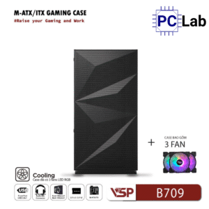 Vỏ case PC máy tính VSP B709 (ATX, Mid Tower, Trắng/Đen, 3 Fan LED)