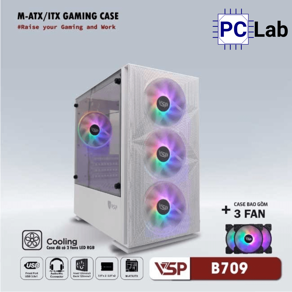Vỏ case PC máy tính VSP B709 (ATX, Mid Tower, Trắng/Đen, 3 Fan LED)